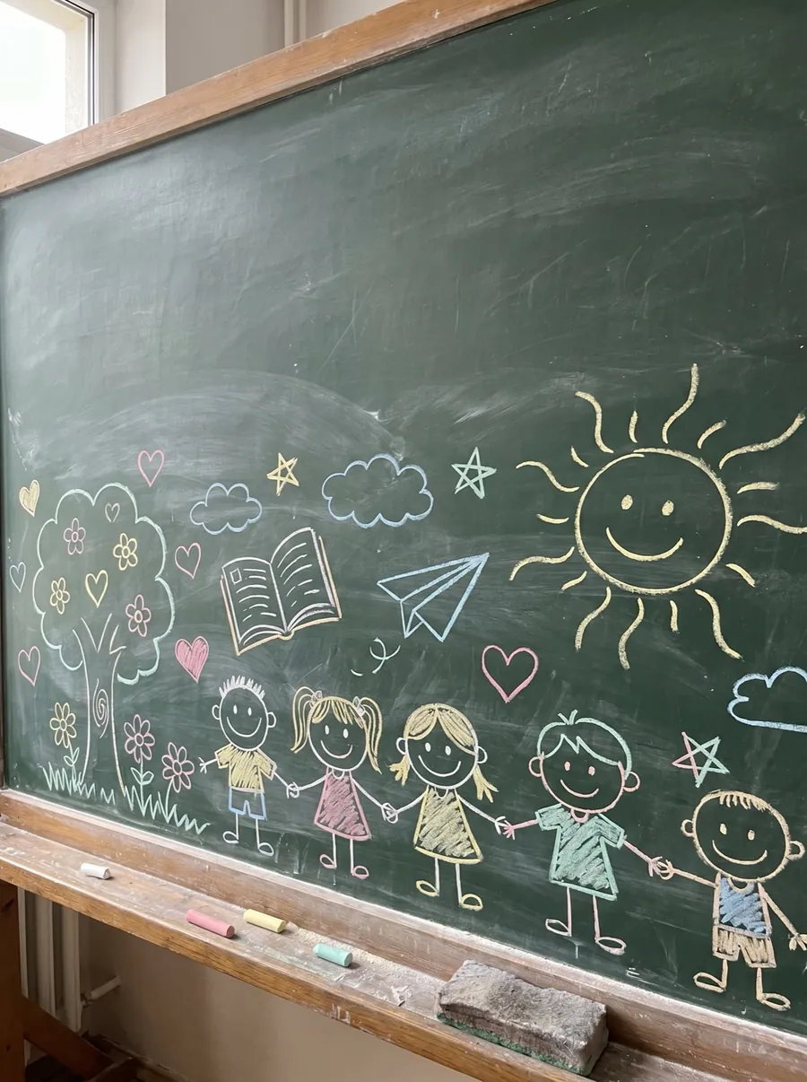 Tafelbild mit fröhlichen, in Kreide gezeichneten Kindern